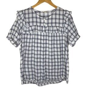 Promesa womens ruffle plaid button down short sleeve size large